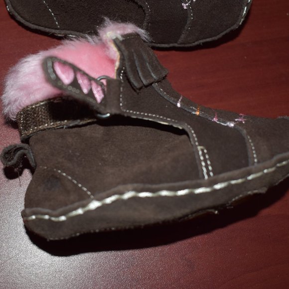 Joe Fresh Style Brown Suede Fringe Shoe with Fur Trim Embroidered Pink Hearts 3 - Picture 6 of 8